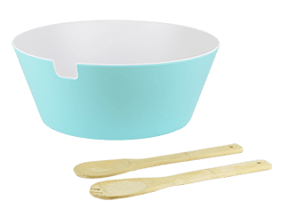 Two-Tone Teal Salad Bowl with Wooden Spoon and Fork